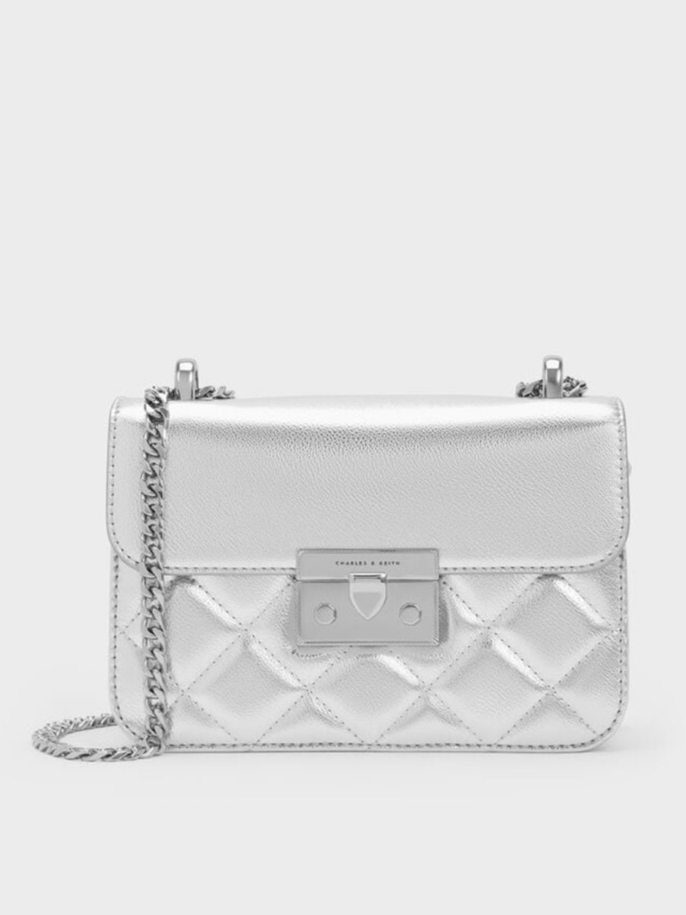 Charles & Keith Alva Metallic Silver Quilted Crossbody Bag
